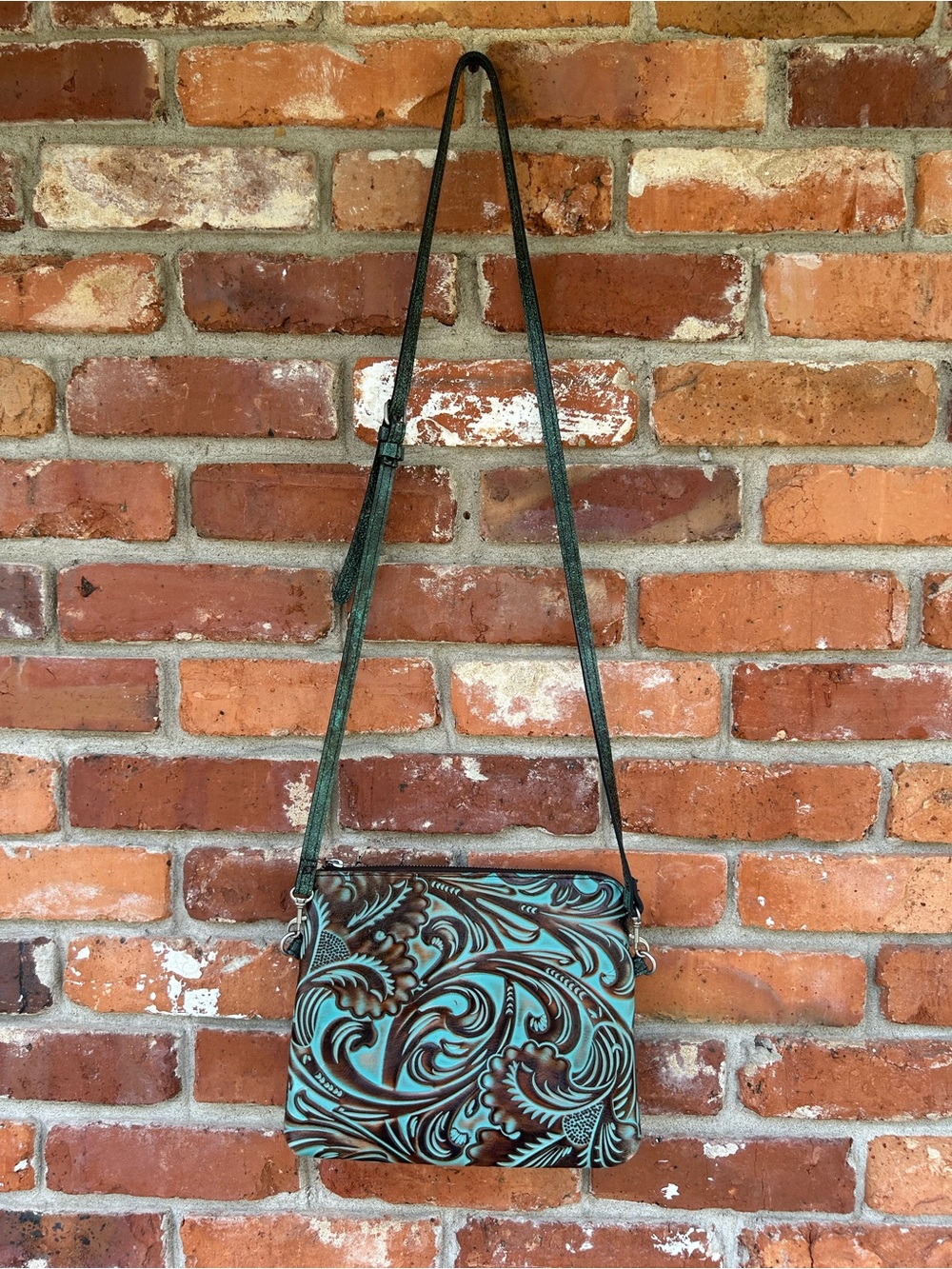 Patricia Nash Todi Turquoise & Brown Tooled Crossbody Bag Leather